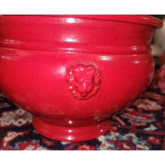 Emile Henry Le Potier Covered Tureen Soup Bowl Cooker 4 Qt Red w Lion Head VTG - Picture 1 of 16